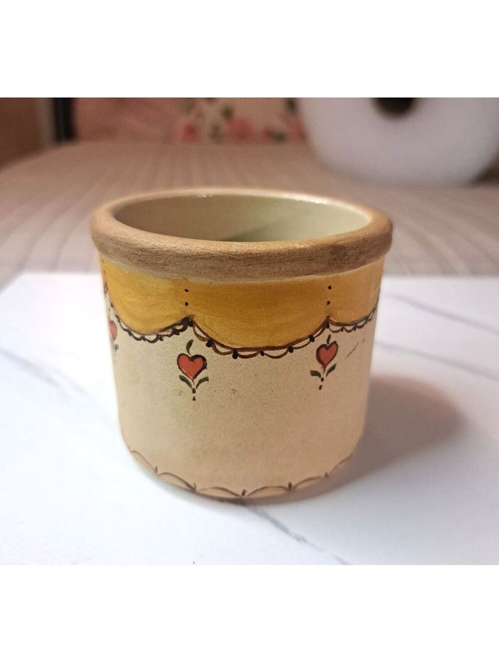 Vintage Hand-Painted Stone-Art by Western Stoneware Small Crock Scalloped Heart